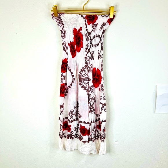 Strapless Smocked Dress White Pink Floral Boho Beach Cover-Up Small 27.5” Length - Picture 1 of 9